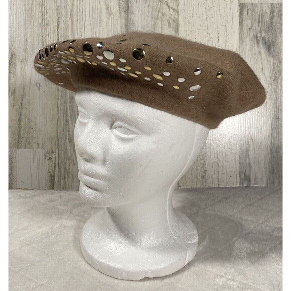 Vintage Mark Reed Women's Wool Beret Tan Studded Metallic Silver Gold Classic OS - Picture 3 of 7